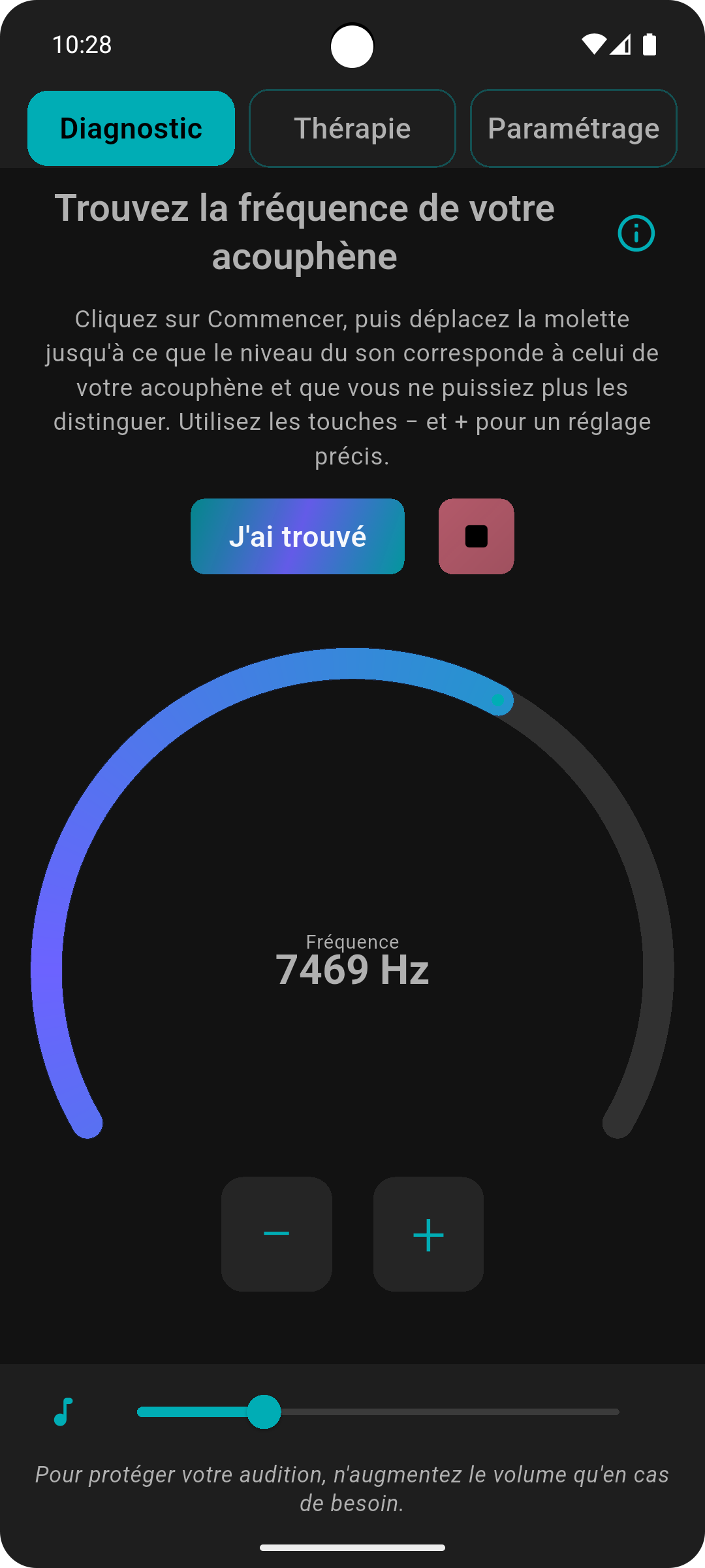 Page diagnostic – recherche de la fréquence de l'acouphène