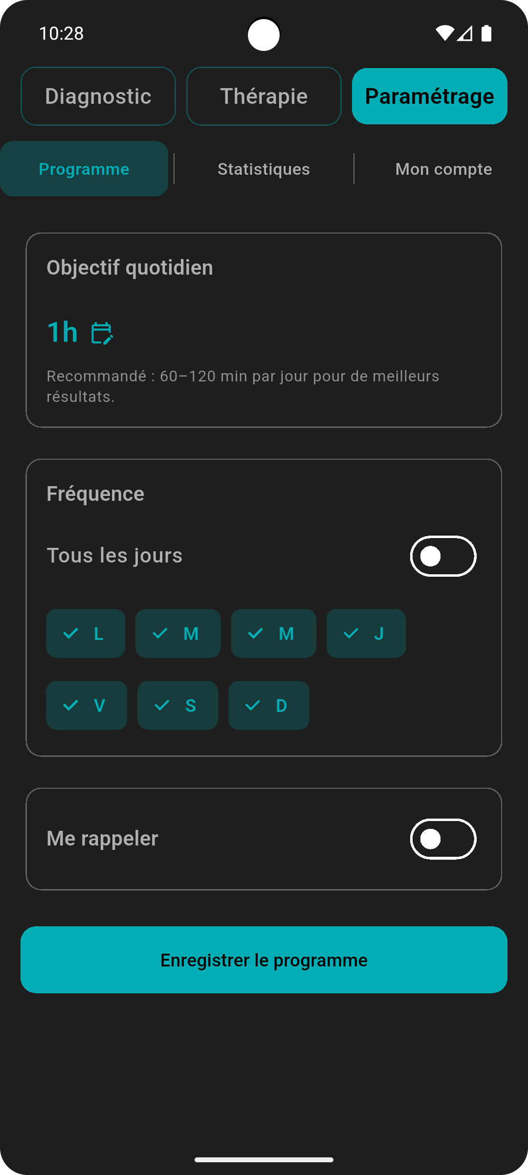Page programme – objectif quotidien et rappels